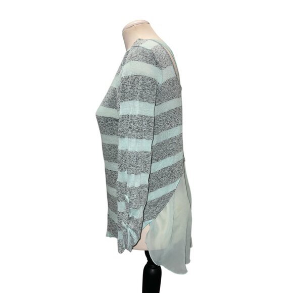 Almost Famous Womens Sheer Back Striped Long Sleeve Top Sz Large Gray & Mint Lig - Picture 6 of 10